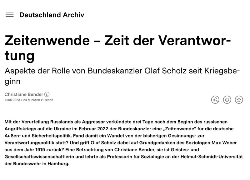 Christiane Bender (2023): Zeitenwende – Zeit der Verantwortung – Aspekte der Rolle von Bundeskanzler Olaf Scholz seit Kriegsbeginn